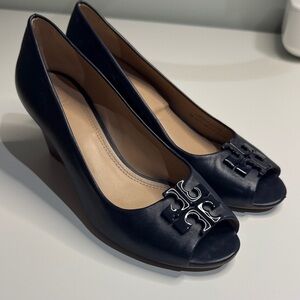 Tory Burch Navy Peep-Toe wooden Heels